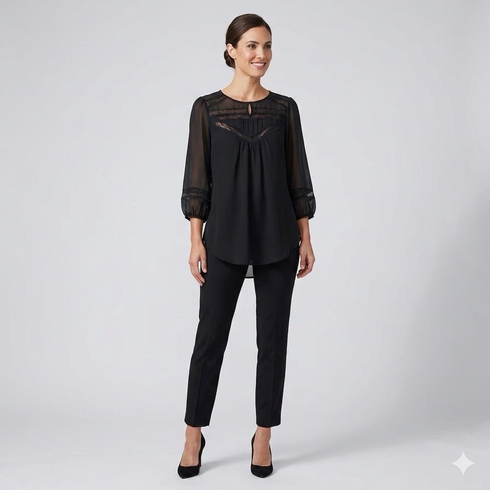 Maurices Sheer Lace Trim Blouse Small Black Whimsigoth Poetcore 3/4 Sleeve